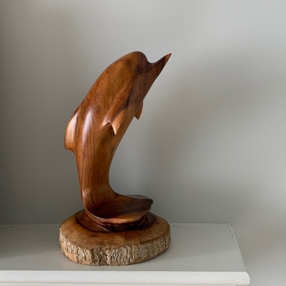 Wooden Hand Carved Dolphin on Coral Statue Sculpture Wood Decor Figurine - Picture 2 of 15